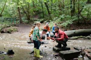 Class outside exploring and searching river