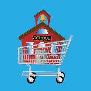 School shopping, schoolhouse in shopping cart
