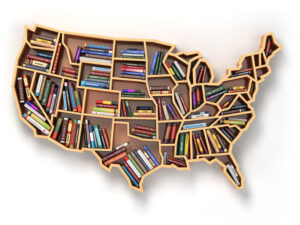 U.S. map bookshelf full of books