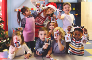 Kids with Polaroids around Christmas time