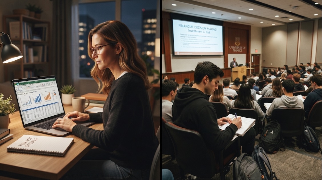 career-changer-student-vs-traditional-student-comparison - Teacher.org split-screen comparison of a career changer studying at a laptop and a traditional student taking notes in a lecture hall