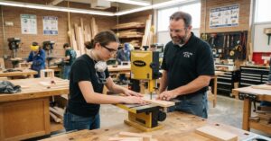cte-teacher-supervising-woodworking - Teacher.org CTE teacher supervising a student using a band saw at a workbench in a woodworking shop classroom