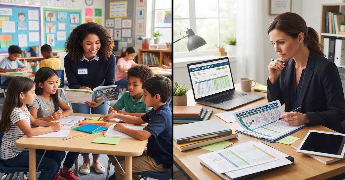 med-vs-mat-classroom-curriculum-split - Teacher.org split image comparing a teacher working with elementary students to an education professional reviewing curriculum materials at a desk