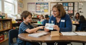 reading-specialist-teaching-phonics - Teacher.org reading specialist using a phonics card to work one-on-one with a young student at a classroom table