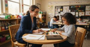 school psychologist reviewing color-coded assessment materials with an elementary student at a classroom table